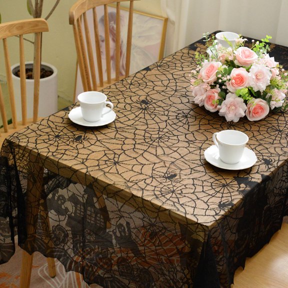 Vintage Lace Halloween Table Cloth, Wrinkle-Free Reusable Polyester Tablecloths, Rectangle Table Cover for Outdoor Camping Dining Table, Black, 69"×53"