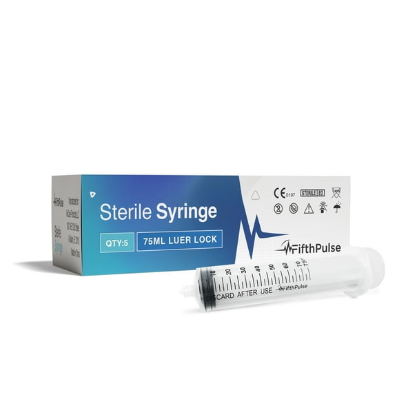 FifthPulse 75ml Syringe with Luer Lock (NO Needle) - Measurement Dispensing, Sterile, Individually Wrapped - 5-Pack