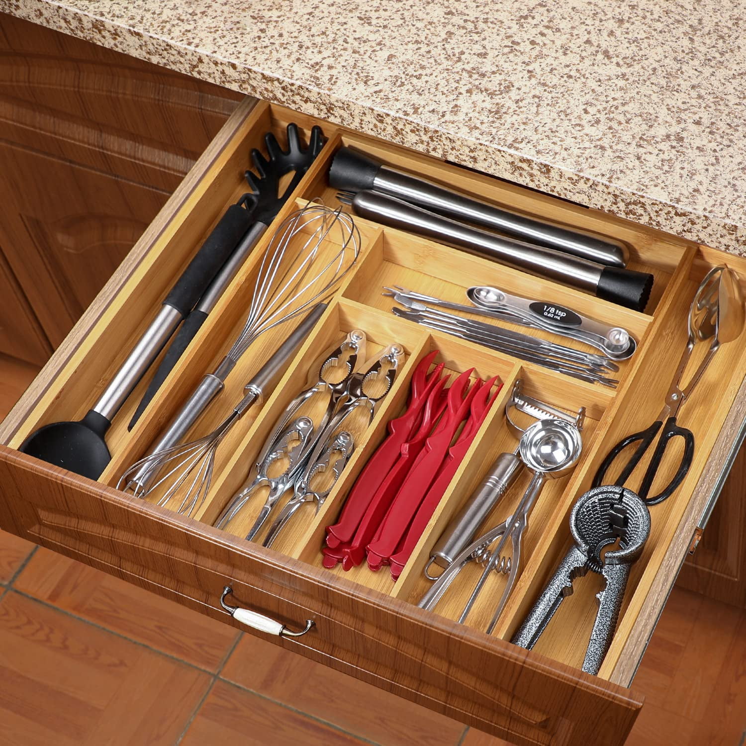 Bamboo Expandable Drawer Organizer for Utensils Holder, Adjustable Cutlery Tray, Wood Drawer Dividers Organizer for Silverware, Flatware, Knives in Kitchen, Bedroom, Living Room