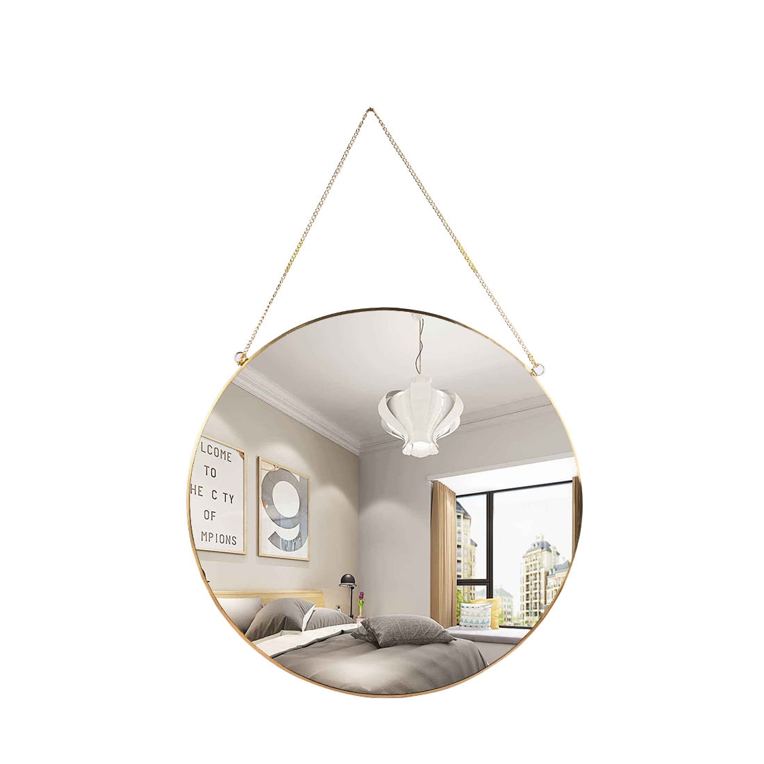 LONGWIN Hanging Wall Circle Mirror Decor Gold Geometric Mirror with Chain for Bathroom Bedroom Living Room 11.8"