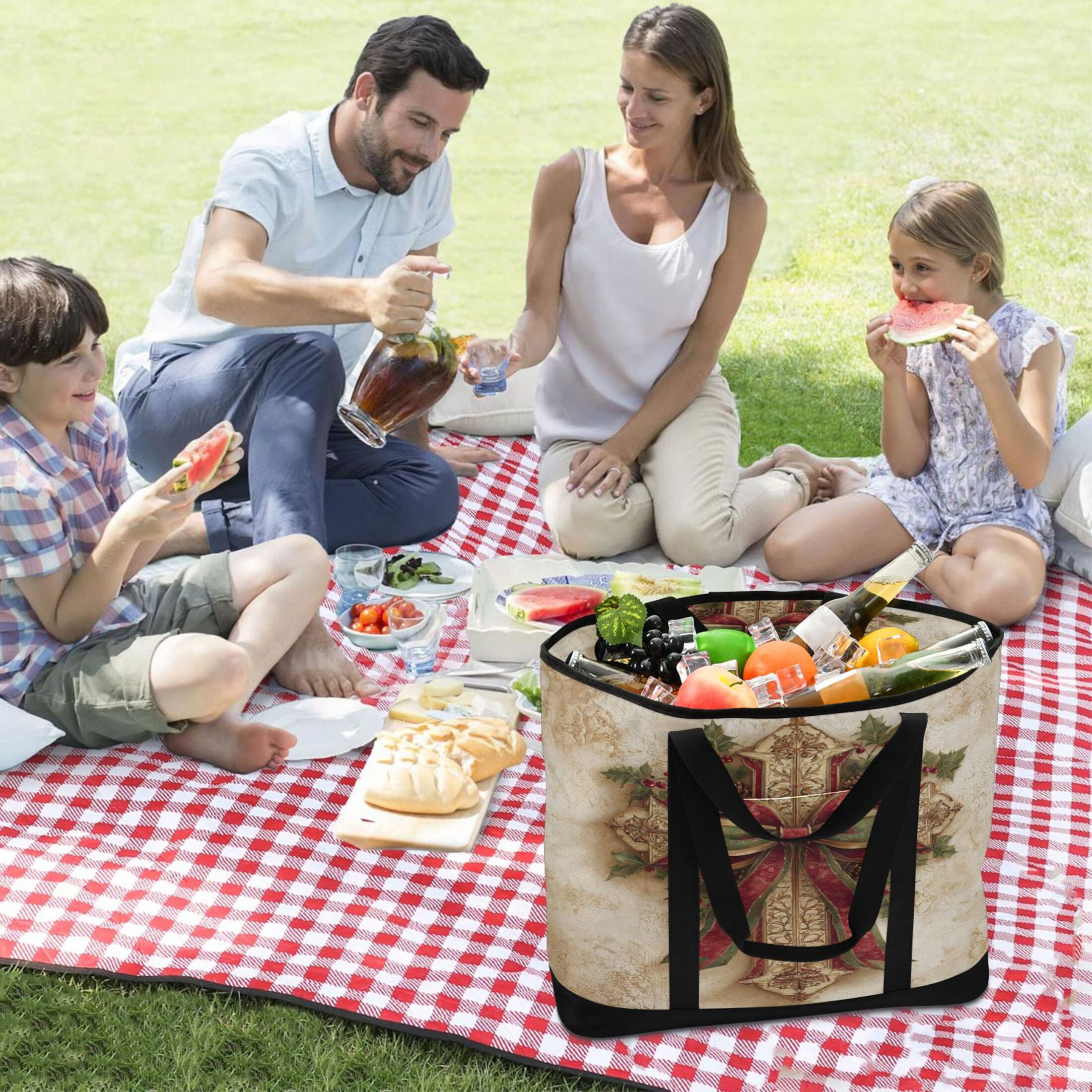 Large Hand-held Ice Pack Picnic Bag Insulation and Refrigeration Suitable for Shopping Picnics and Camping Lovely Christmas Cross