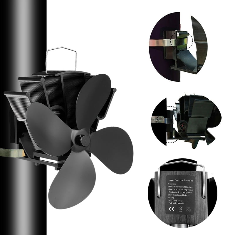 4 Blade Heat SelfPowered Stove Fan Wood Log Quiet Burner Fireplace Ecofan Black