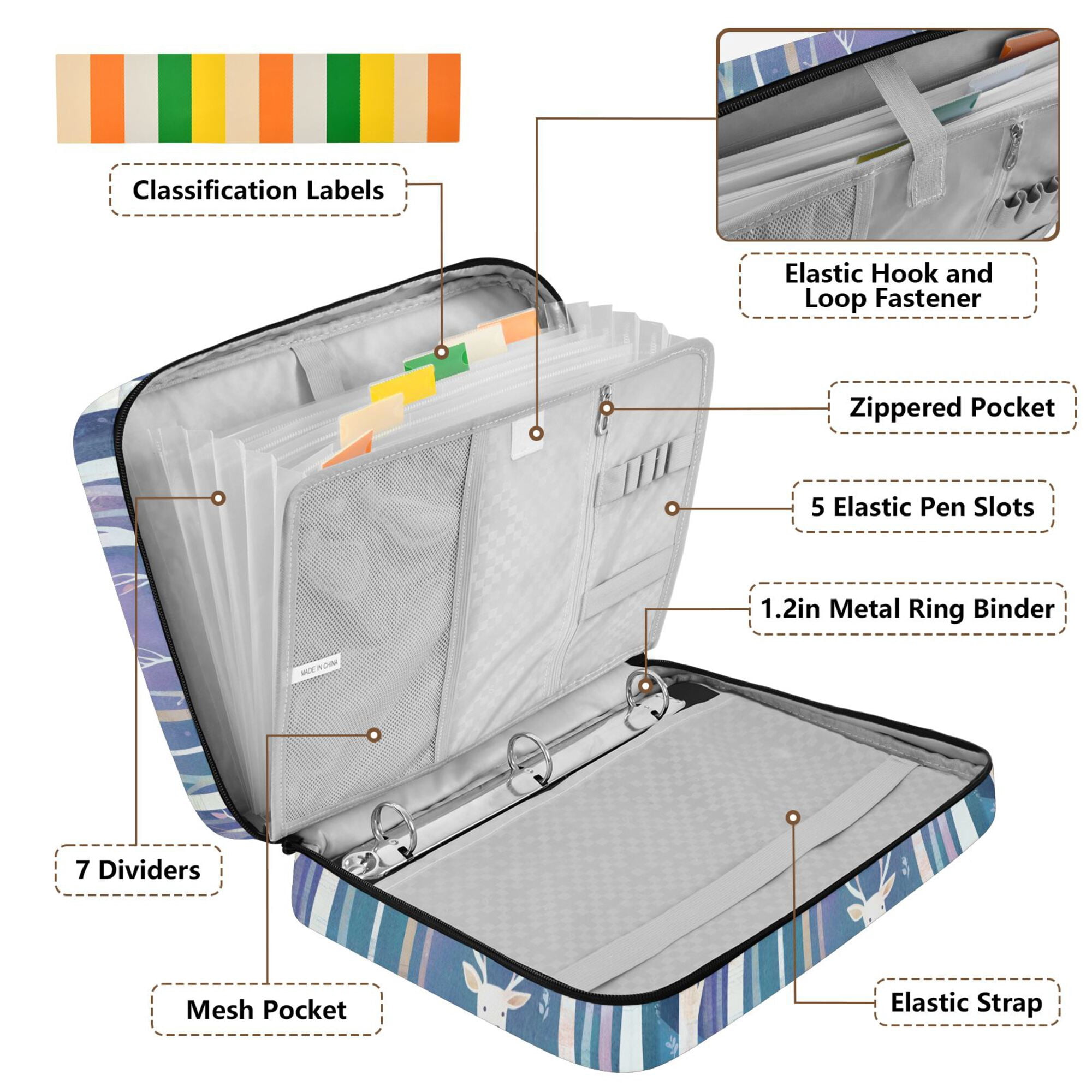FORMRS Accordion File Folder A4 Size 7-Pocket Expanding Document Organizer Bag with 3 Ring Binder, Purple Night Deer