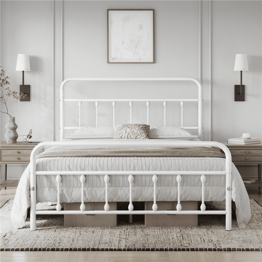 Alden Design Queen Size Metal Platform  Bed with High Headboard, White