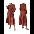 thumbnail image 3 of Vestido de Otoño para Invitada de Boda, con Mangas Largas, Volantes, Cuello Redondo, y Fluido. Marrón M, 3 of 7