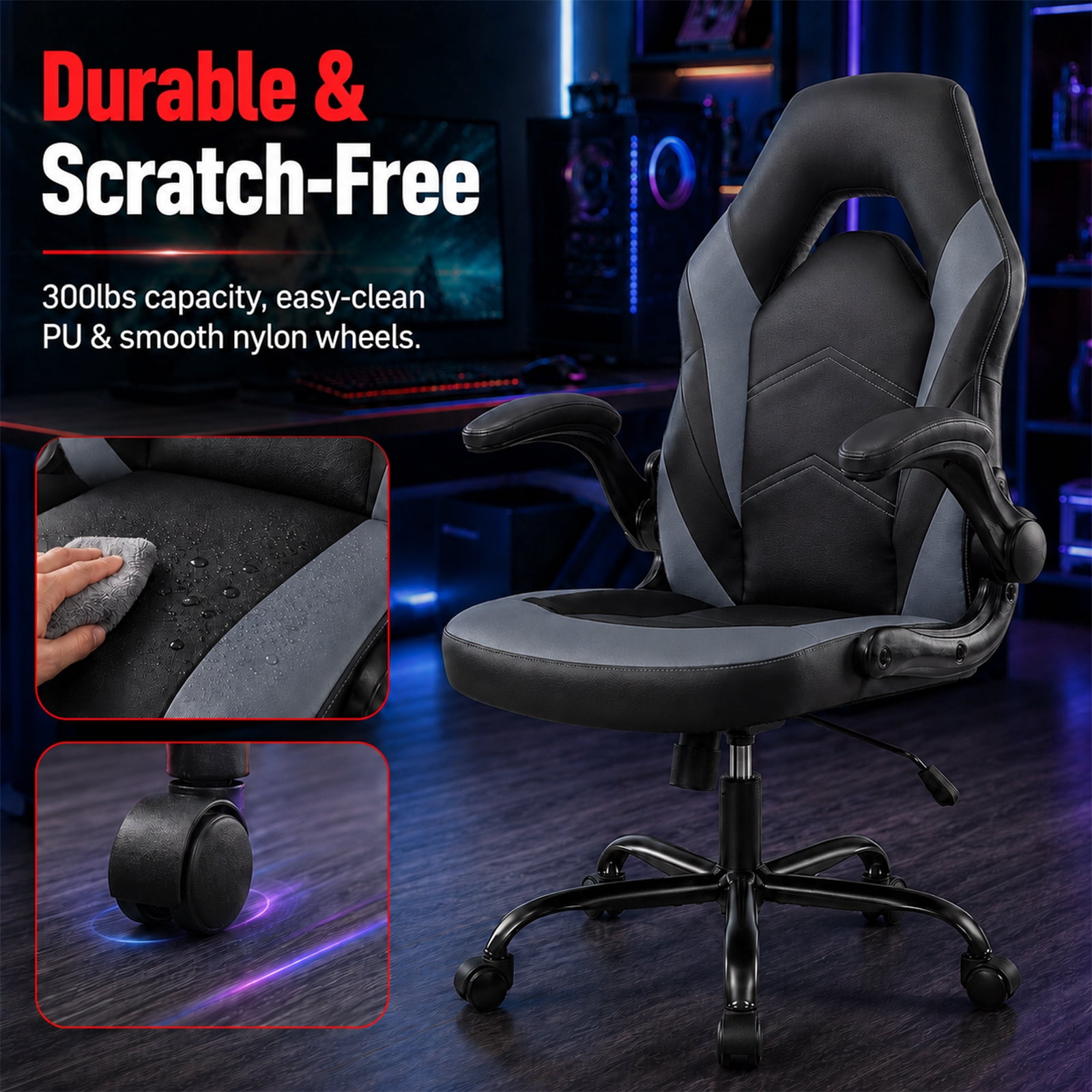 Alvantor Gaming Chair, PU Leather Comfortable Ergonomic Computer Chair Height Adjustable with Swivel and Lumbar Support