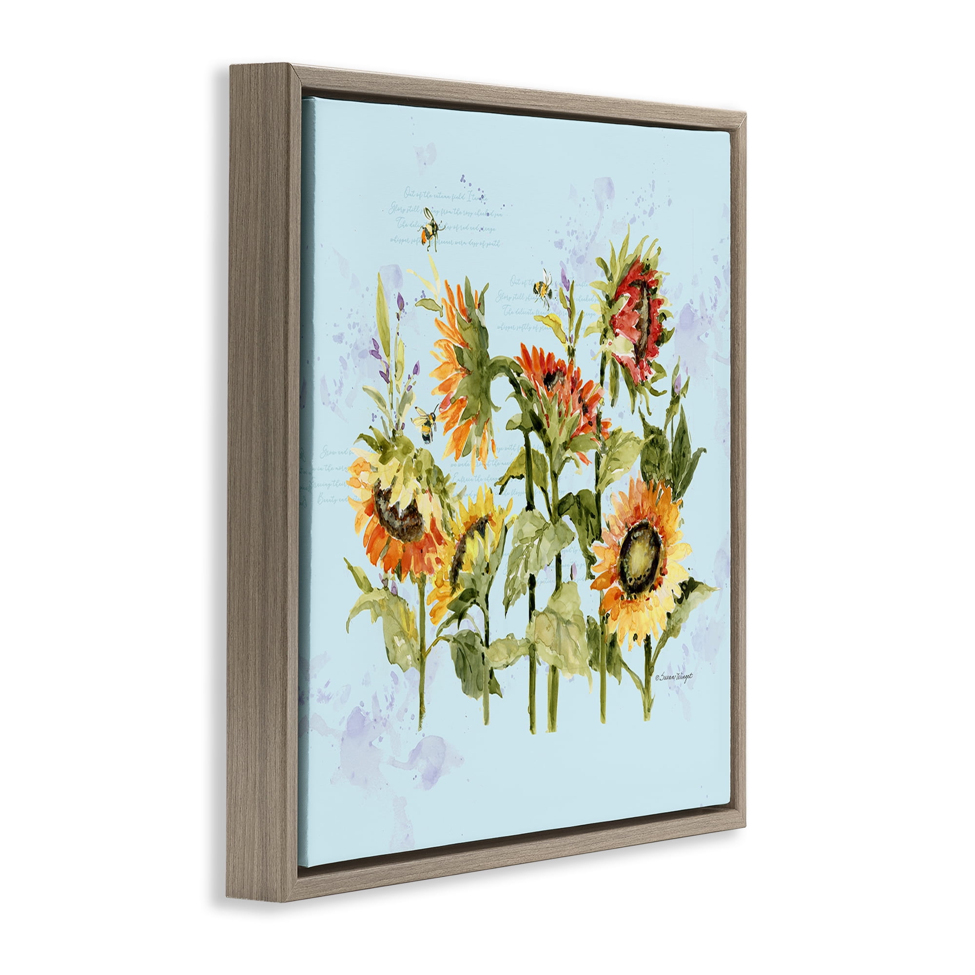 Stupell Industries Sunflowers & Bee on Blue Brown Framed Floater Canvas Wall Art, design by Susan Winget