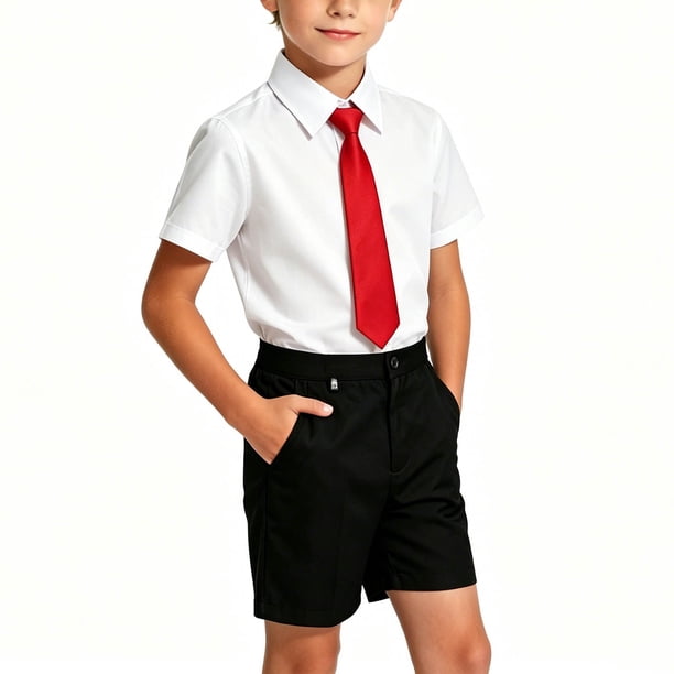Odeerbi Niños 3 Piezas Caballero Traje Formal Preppy Vestido de Manga Corta Camisa de Vestido y Traje Pantalones Cortos Con Corbata Uniforme Escolar Conjunto