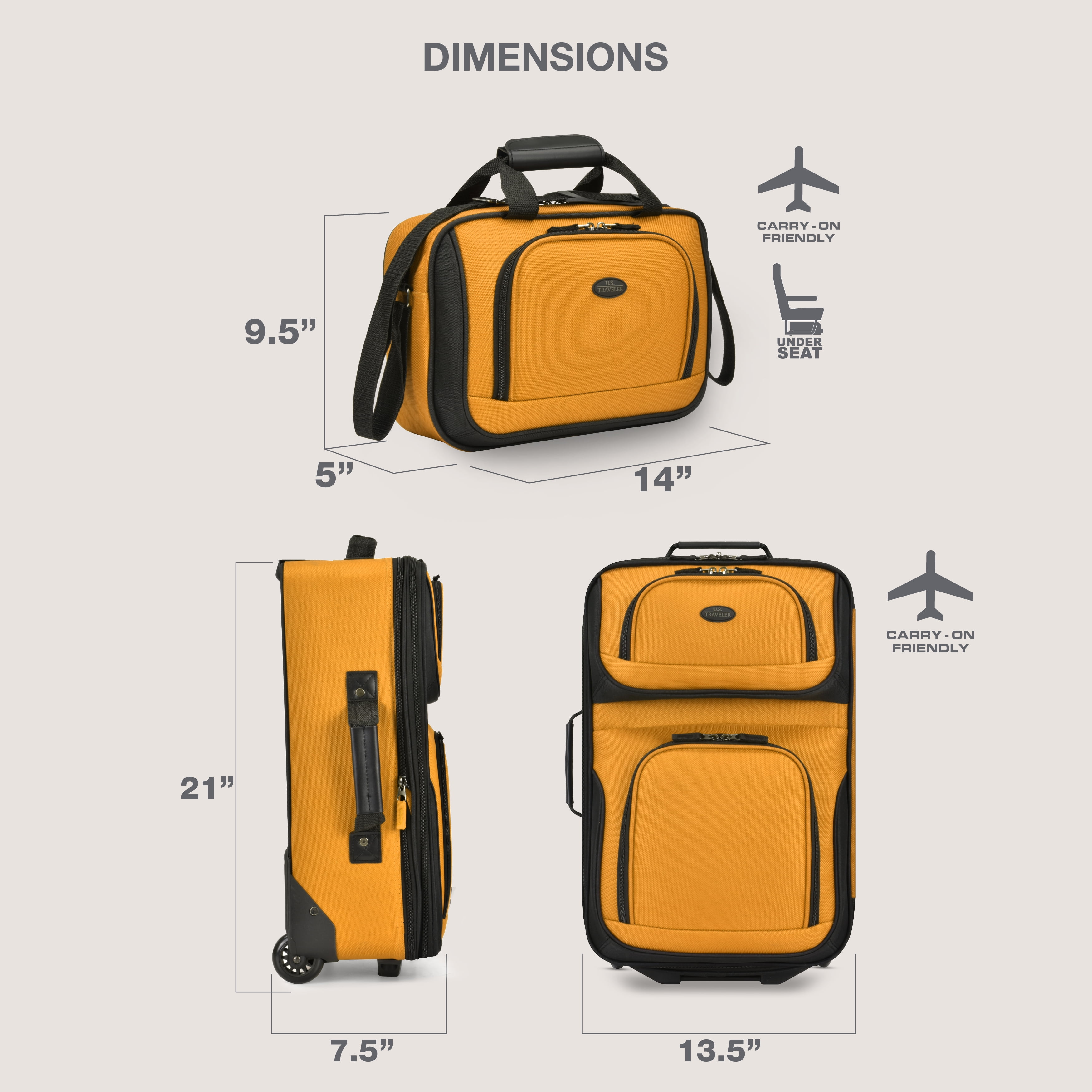 U.S. Traveler Rio Rugged Fabric Expandable Carry-on Luggage, 2 Wheel Rolling Suitcase, Orange, 2-Piece