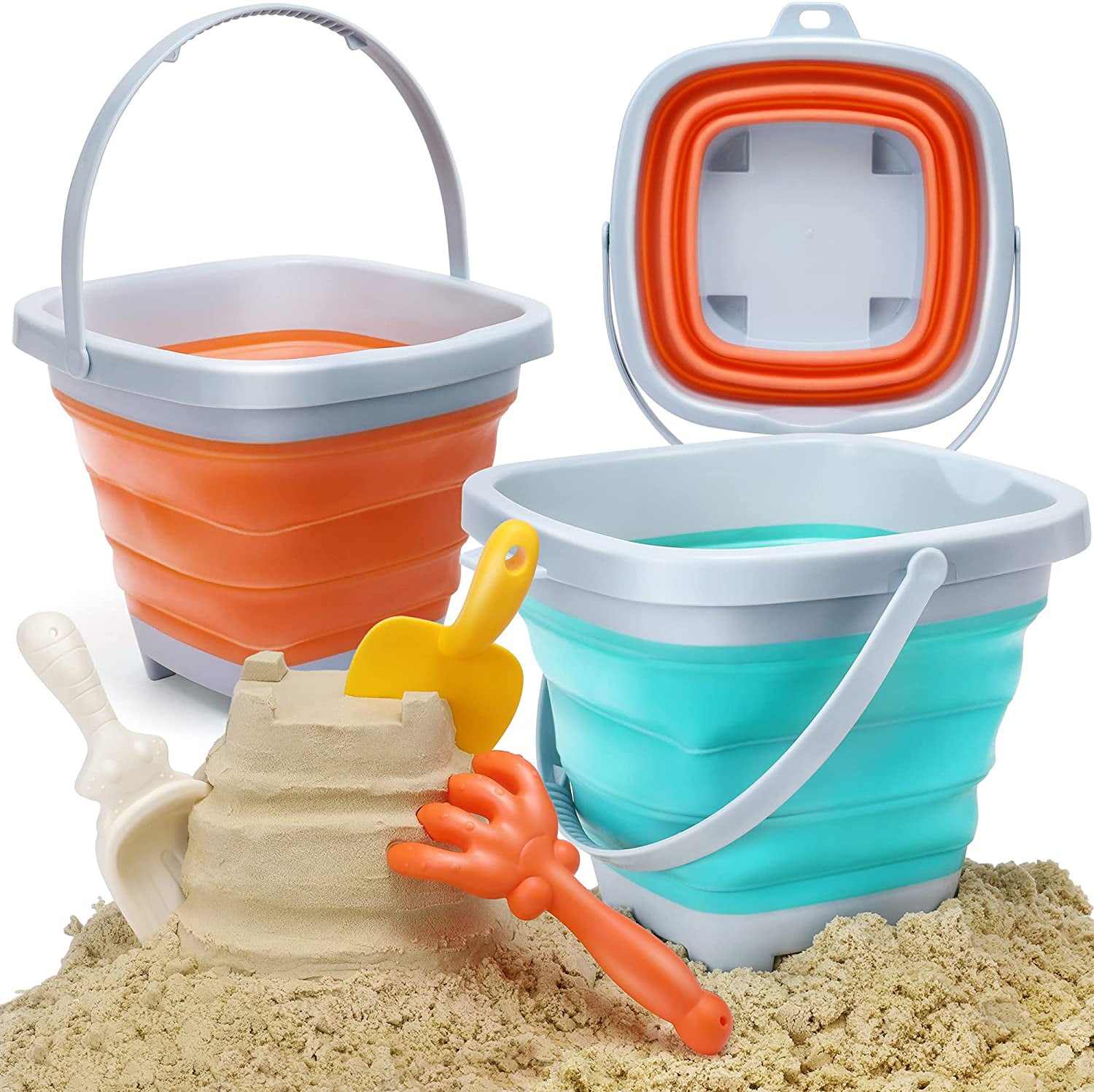 4 Set Large 9 inch Fun Children's Sand Beach Toy Pails Bucket W/ Shovel Travel 