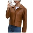 thumbnail image 7 of GigrtiJin Women's Leather Cropped Jacket Solid Color Turndown Collar Button Down Long Sleeve Outcoat Trendy Vintage Outwear, 7 of 7