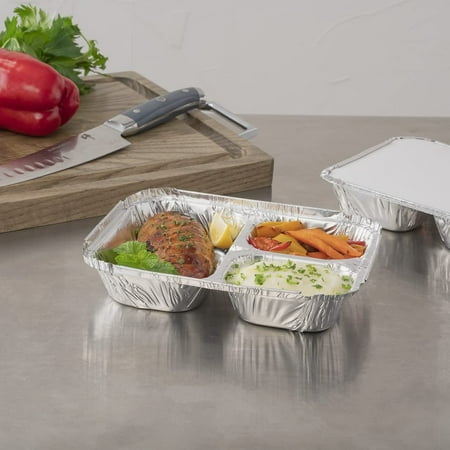 Foil Lux 23 Ounce Aluminum Food Containers 100 Rectangle Aluminum Pans - Lids Sold Separately 3 Compartments Silver Aluminum Foil Containers For Storing Baking And Meal Prep