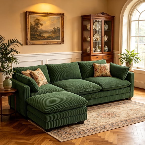 110.2" Cloud Couch Sectional, Lofka Modern Modular Sofa with Deep Seat, Upholstered Living Room Furniture Set with Movable Ottoman and 2 Throw Pillows, Green Couch