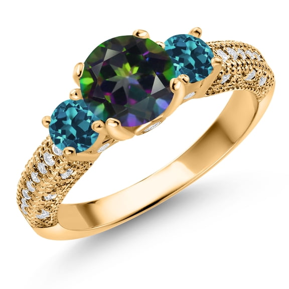 Gem Stone King 18K Yellow Gold Plated Silver Green Mystic Topaz London Blue Topaz and White Moissanite Engagement Ring for Women (2.04 Cttw, Gemstone, Round 7MM and 4MM, Size 7)