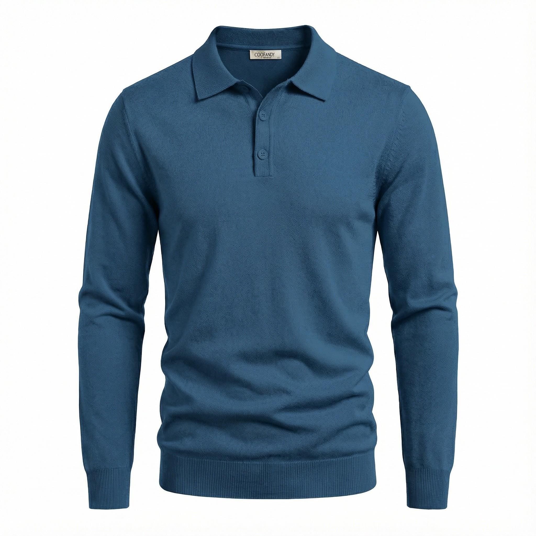 COOFANDY Mens Polo Shirts Quarter Neck Pullover Long Sleeve Knit Lightweight Sweater Denim Blue
