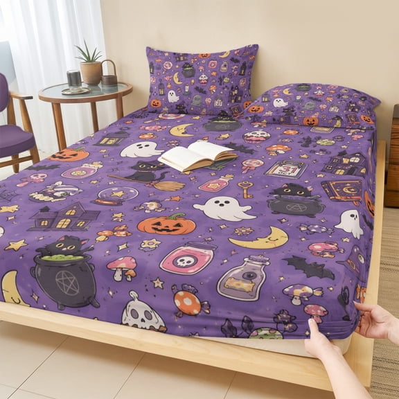 Cal.King Size Fitted Sheet Set - Purple Halloween 3 Piece Bedding Sets 16" Deep Pocket Fitted Sheet with 2 Pillowcases, Mystical Spook Ghosts Pumpkins Moons Brushed Microfiber Hotel Luxury Bed Sheets