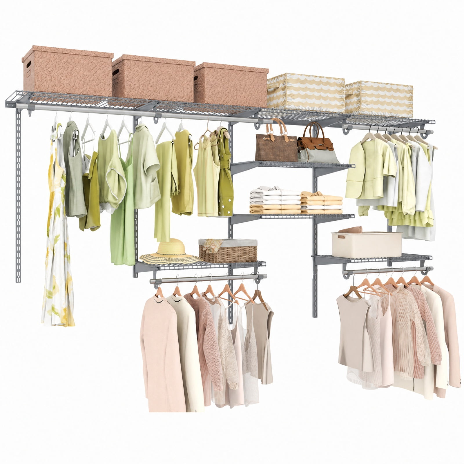 Furnibear Wall Mounted Closet Organizer System with 7 Shelves 5 Hanging Rods and Adjustable Heights for Bedroom and Laundry Storage, Gray
