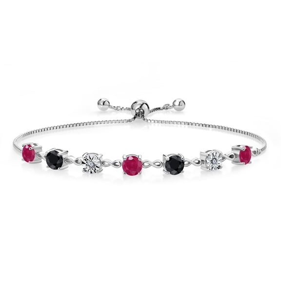 Gem Stone King 3.04 Ct Round Red Ruby Black Sapphire 925 Sterling Silver Lab Grown Diamond Tennis Bracelet for Women (Fully Adjustable up to 9 inch)