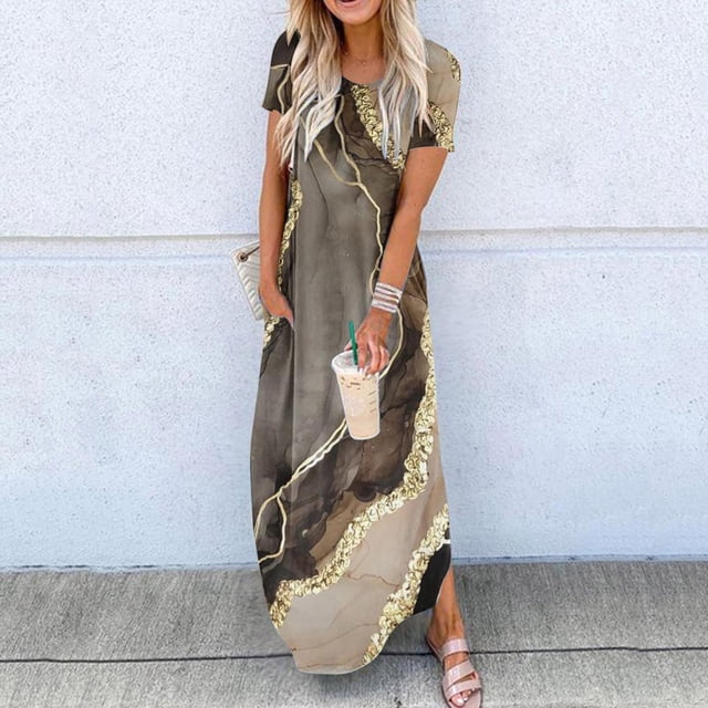 Baikeli Liquidation Robes Boho Robes pour Femmes Été Décontracté Col Rond Manches Courtes Poches Imprimé Robe Longue Robe pour Femmes