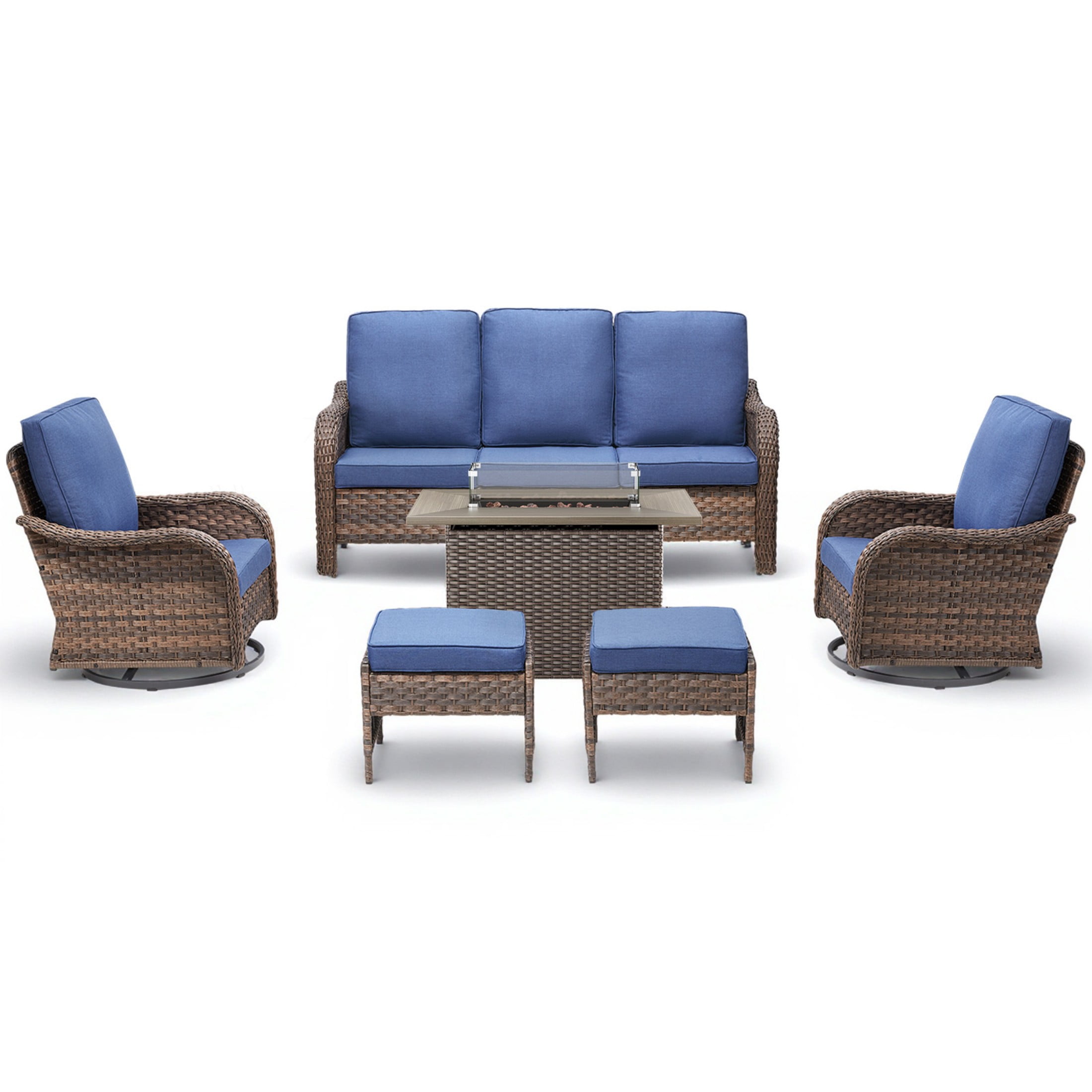 Unnifurnzi Patio Furniture Set with Fire Pit Table-6 Pieces All Weather Wicker Patio Furniture Outdoor Swivel Chairs with Outdoor Couch Outdoor Furniture for Porch Balcony Deck-Brown/Blue