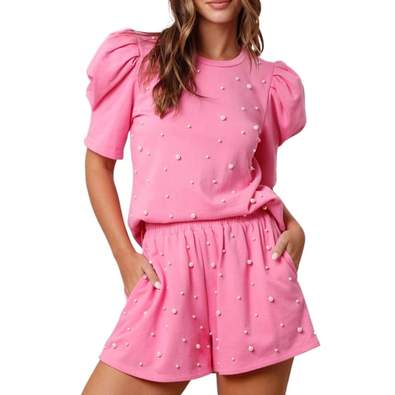 Women's Pearl Embellished 2 Piece Outfits, Short Sleeve Shorts Set, Sweet Elegant Slimming, Home Office Date Vacation