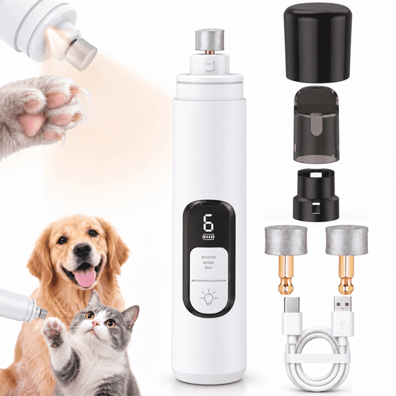 BEBANG Dog Nail Grinder 6-Speed, 2000mAh Rechargeable Pet Nail Grinder, 2 LED Lights, Low Noise & Low Vibration Electric Nail Trimmer for Dogs Cats, 2 Diamond Grinding Heads, 4 Grinding Ports