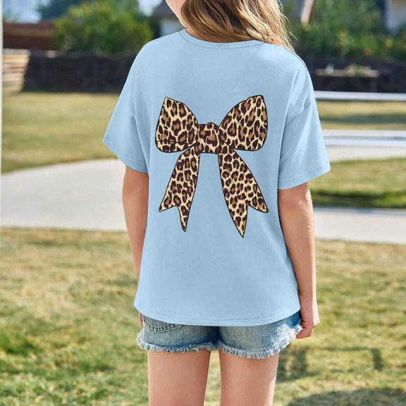 Girls Clothes Short Sleeve Graphic Print T-shirt with Leopard Bow Print Spring Summer Girls Tee Tops Girls Shirt (Blue 5-6 Years)