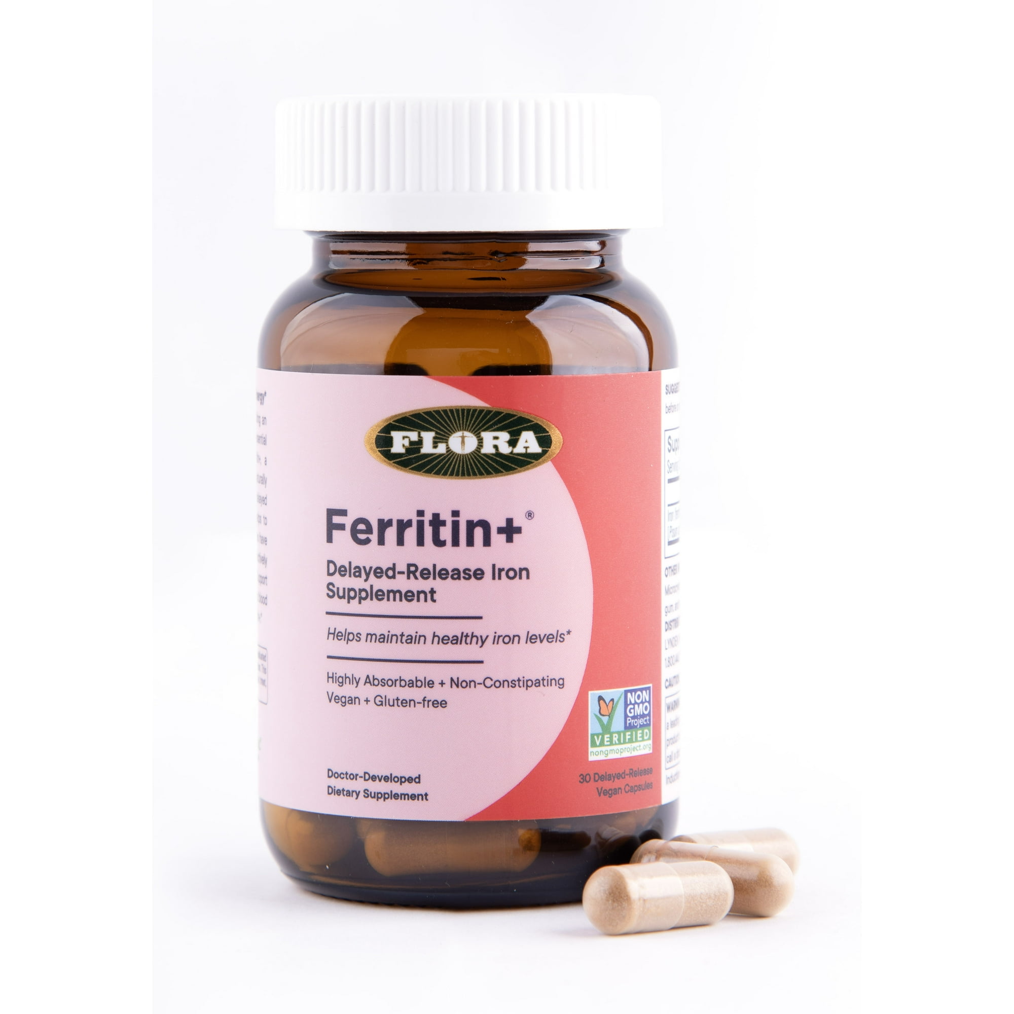 Flora - Iron Ferritin+ Plant-Based Supplement for Women - Non-Constipating, Highly Absorbable - Supports Vitality & Wellness - Vegan Iron Supplement from Flora Health - 30 Capsules - Delayed Release