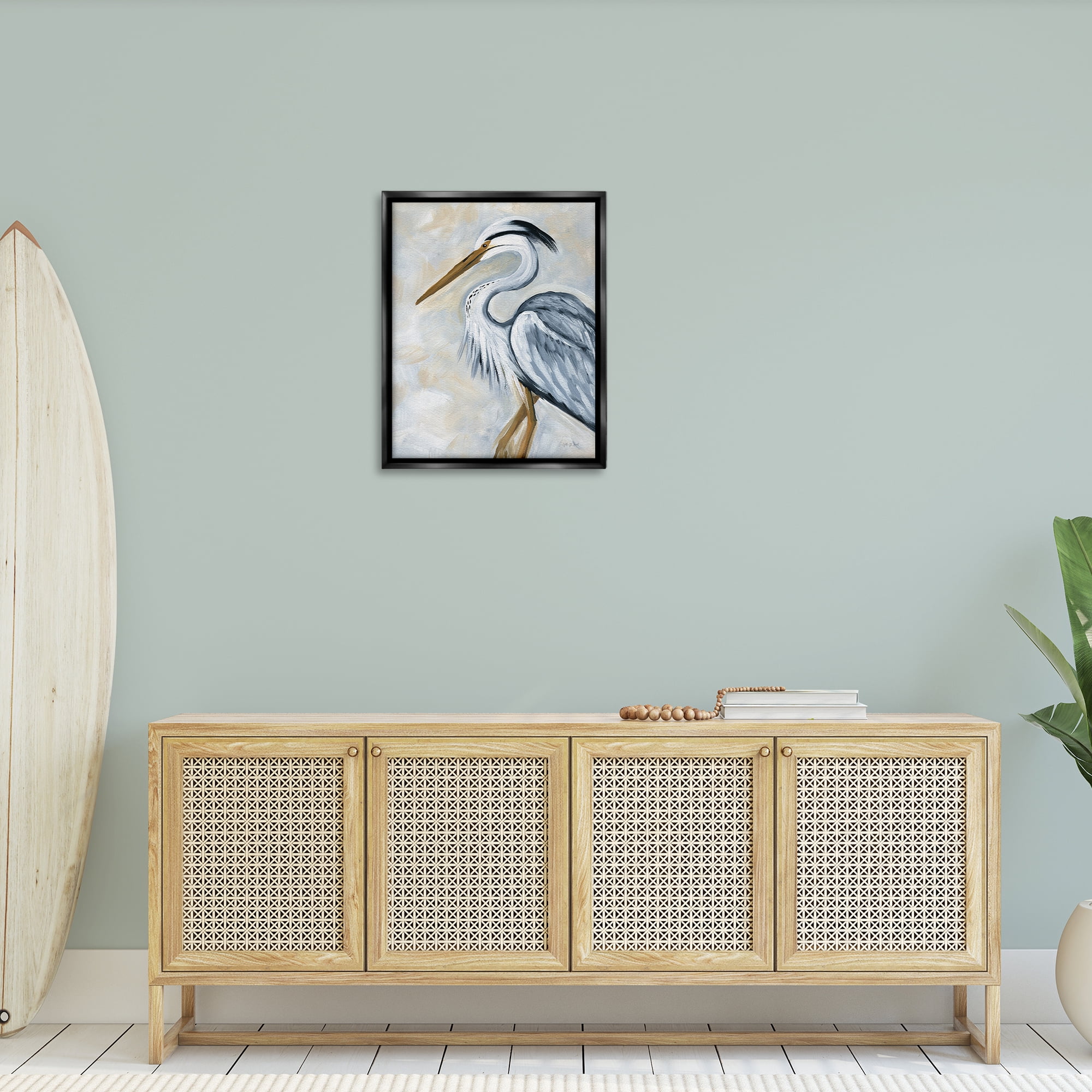 Stupell Industries Muted Blue Heron Animals & Insects Painting Black Floater Framed Canvas Art Print Wall Art, 25 x 31