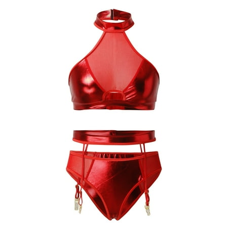 

Cathalem Lingerie for Women Two Piece Three Point Mesh Splicing PU Sexy Passion Pure Desire Hollow Postpartum Corset Thong Underwear Red Medium