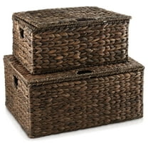 Set of 2 Water Hyacinth Rectangular Storage Baskets with Lids (Medium/Large), Multipurpose Decorative Shelf Organization Totes for Bedroom, Bathroom, Laundry, Home Office Set of 2 - Medium, Large