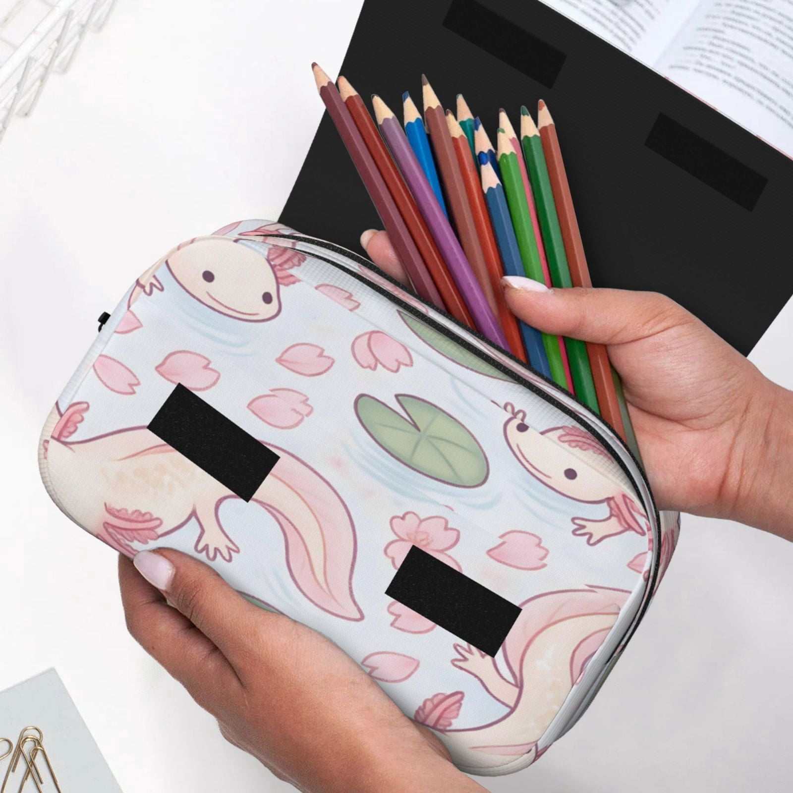 Large-Capacity Flip-Top Double-Layer Pencil Case, Multi-Functional Pocket Pen Case, Durable Stationery Organizer Sakura Pond Axolotls - Japanese Pastel