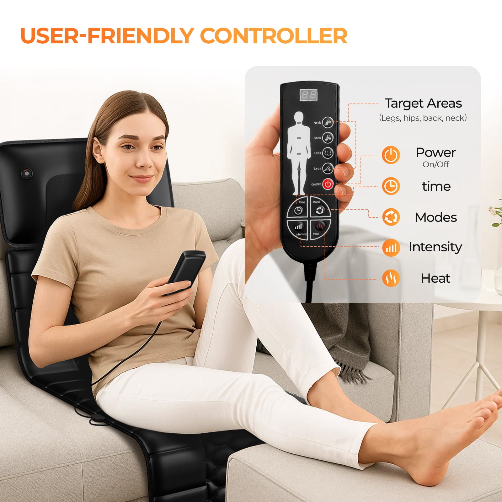 Full Body Massage Mat with Heat, Detachable Massager Pad, 10 Vibrating Motors, 9 Intensity Levels, Deep Tissue Pain Relief for Back, Neck & Legs,Gift