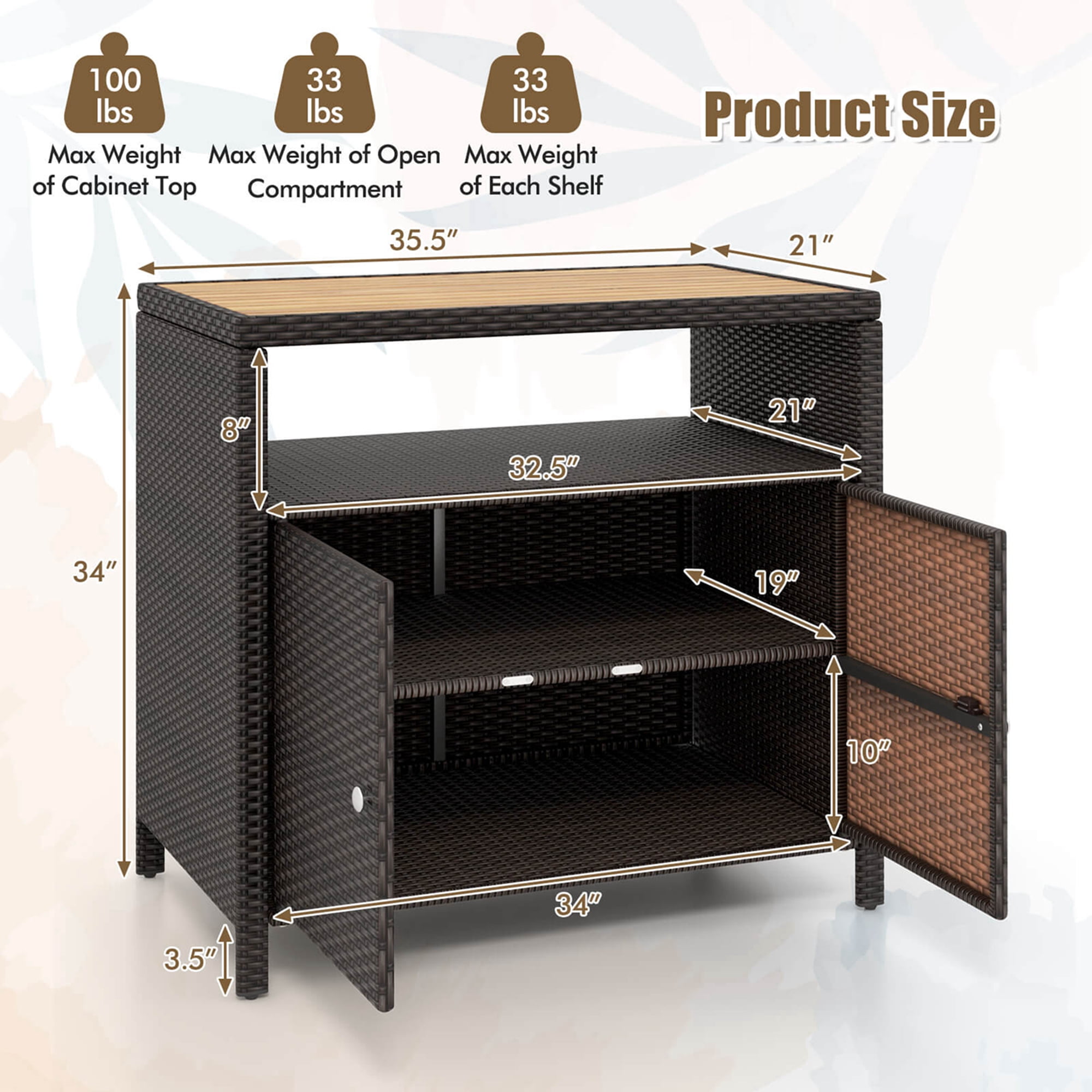 Costway Patio Rattan Storage Cabinet with Acacia Wood Countertop Open Shelf 2 Door Cabinet Mix Brown