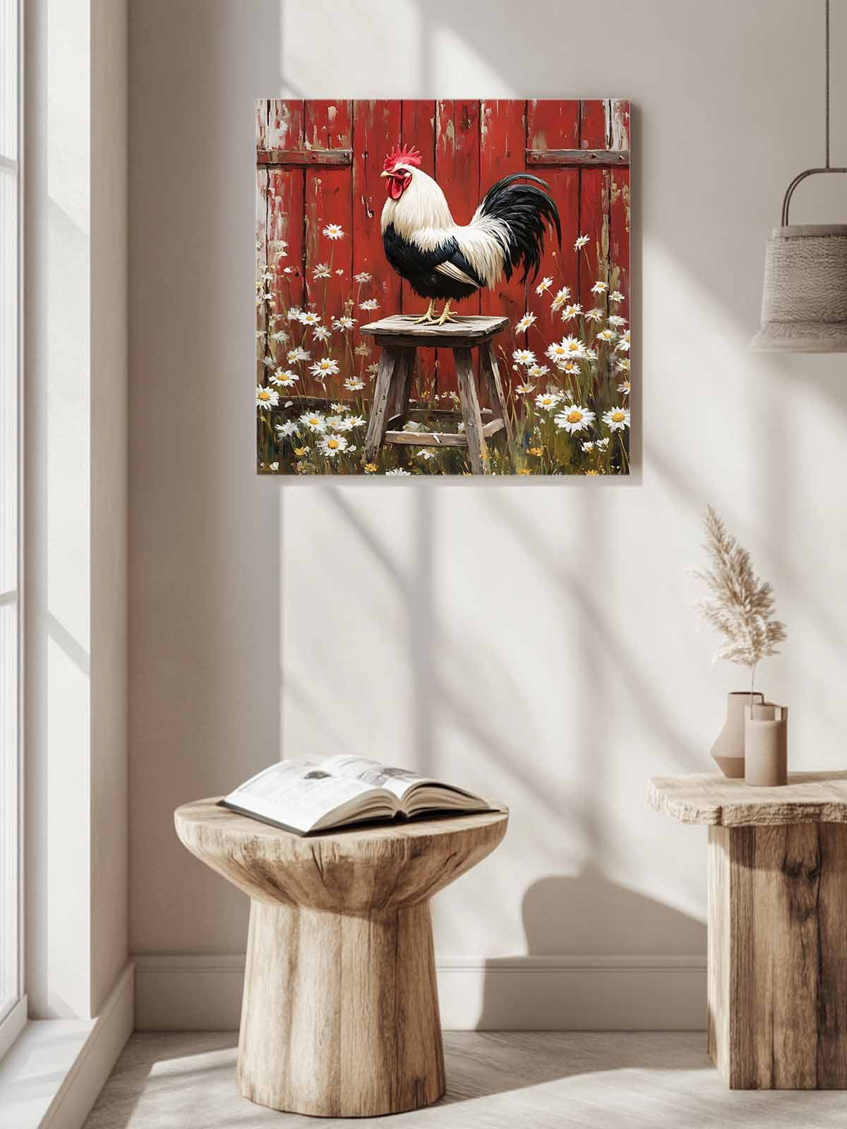 Rustic Farmhouse Canvas Wall Art, Rustic Red Barn Rooster Wildflowers Framed Wall Decor Modern Artwork Prints Painting for Living Room, Bedroom, Kitchen & Cafe Decor 16x16 Inch