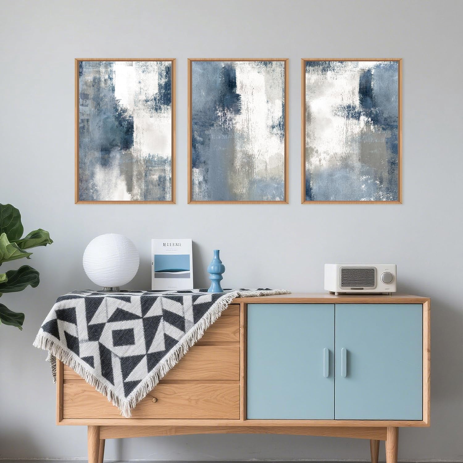 Large Navy Blue and Gray Framed Canvas Wall Art Set,Modern Abstract Wall Decor,Brush Strokes Block Shape Artwork,Minimalist Neutral Blue Printing for Living Room,Bedroom, Office-16''x24''x3