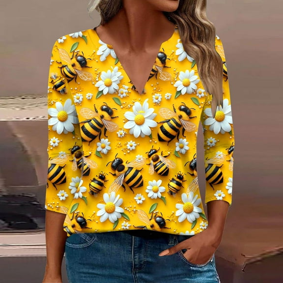 SOOMLON Womens 3/4 Length Sleeve Tops Plus Size Tunic Cotton Bee Festival Tops Casual V Neck Shirts Funny Honey Bee Print T Shirts 2025 Trendy Spring Summer Ladies Tops Loose Fit Outfits Pullover XL