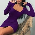 thumbnail image 2 of Lovskoo Women's Fall Winter Ribbed Dress Basic Round Neck Long Sleeve Solid Bodycon Pencil Mini Dress Purple M, 2 of 7