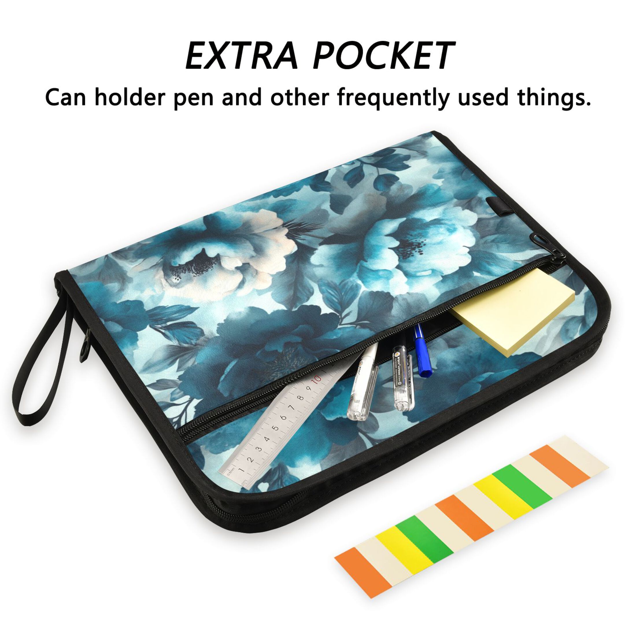 Accordion File Organizer with Zip Closure 13 Pockets Expanding File Folder Letter A4 Paper Document Organizer for Home Office Teal Elegant Floral Pattern