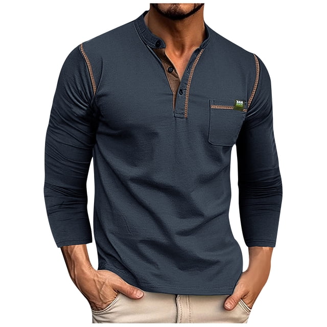 Mens Shirts Fashion Casual Fall Winter Solid Color Button V-Neck Long Sleeve Tops Blouses Pocket Shirts
