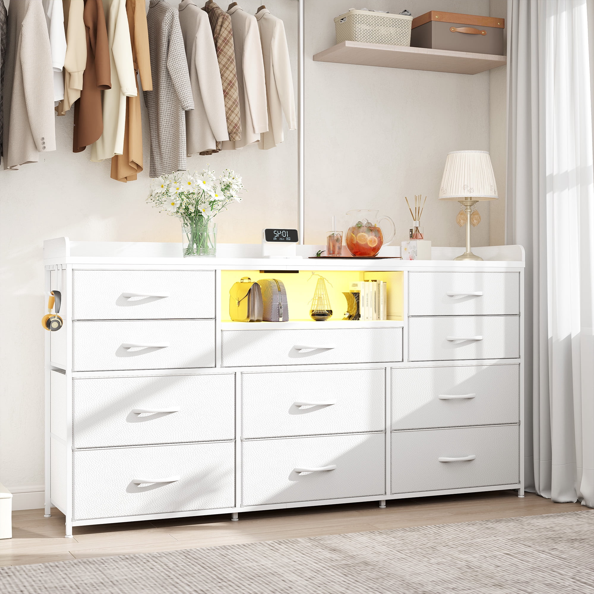 Dresser for Bedroom with 11 Drawers for 60" TV Stand with LED Lights & Charging Station Wide Dresser with Shelves & 4 Hooks Sturdy Metal Frame & Fabric & Wood Top ,White