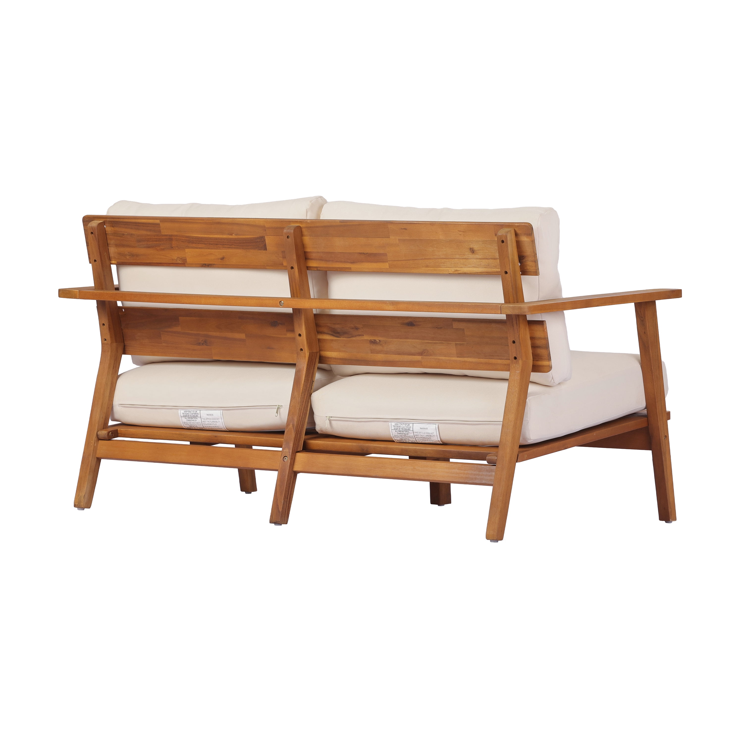 2 Piece Patio Set, Mid-Century Acacia Wood Loveseat and Slatted Coffee Table for Garden, Teak and Cream