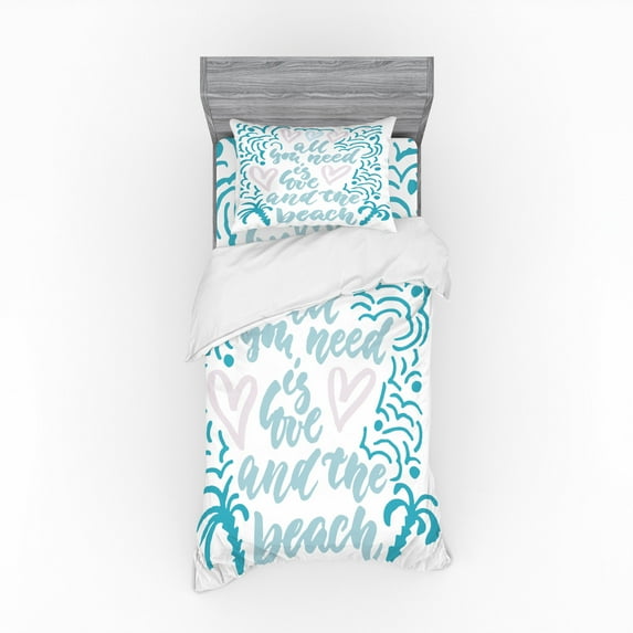 Ambesonne Saying Bedding Set 3 Pcs, Wavy Lines Nautical Love, Twin, Pale Pink Pale Blue