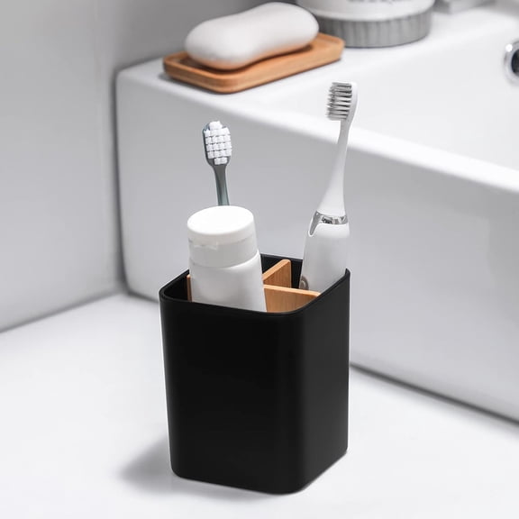 Bamboo Toothbrush Holder for Bathrooms, 3 Slots Toothbrush and Toothpaste Holder Bathroom Counter Organizer for Electric Toothbrushes, Floss, Razors - Black