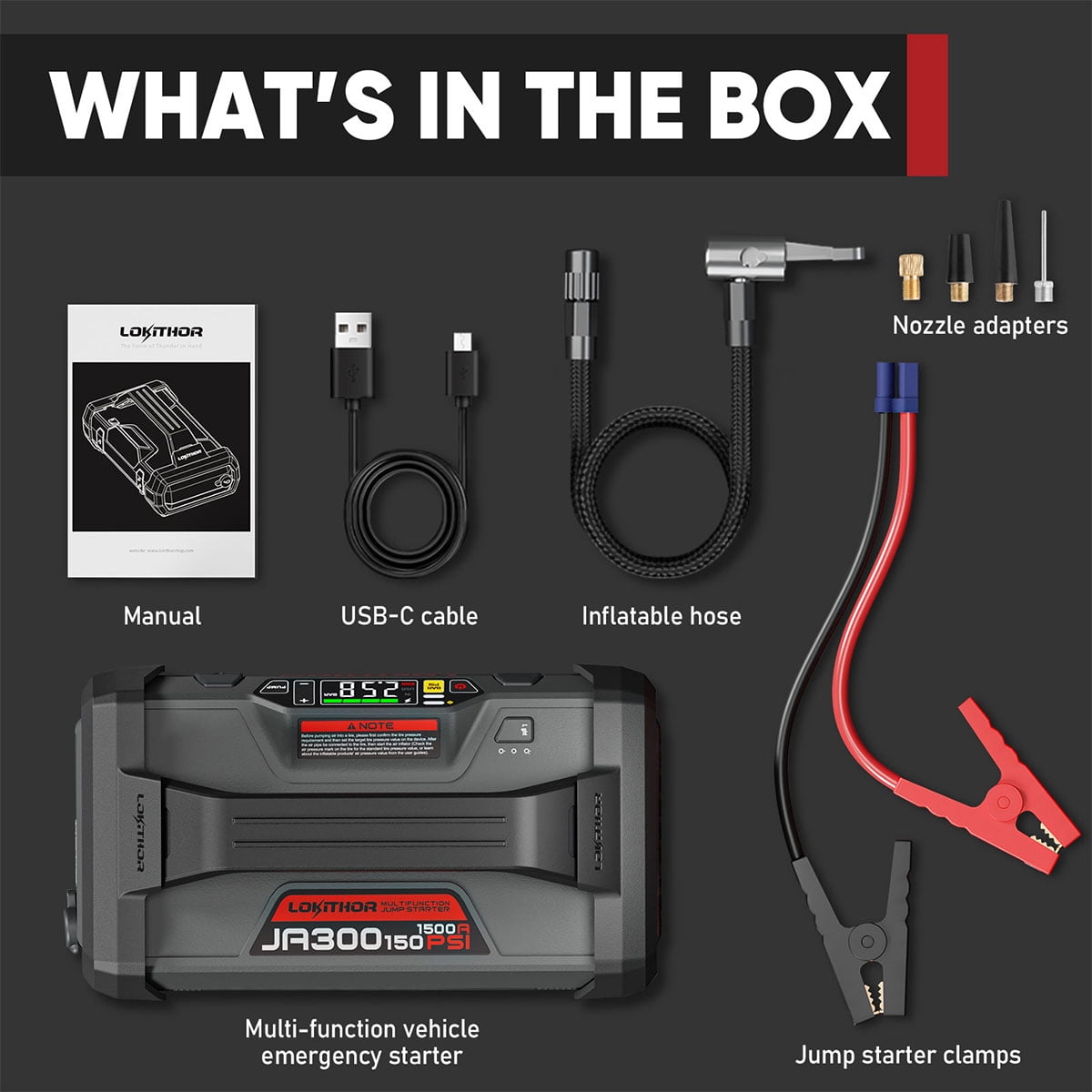 LOKITHOR JA300 Jump Starter with Air Compressor, 1500Amp 12V Portable Car Battery Booster Pack(7.0L Gas/4.5L Diesel)150 PSI Tire Inflator with Digital Screen, 24 Months Ultra-Long Standby