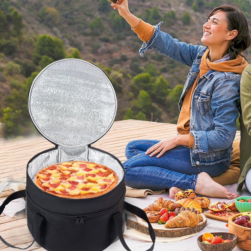 2 Tiers Grey Insulated Casserole Carrier, Round Pie Carrier with Metal Support, Dish Carrier for Hot or Cold Food, Transport Pie Holders Pie Carrying Case