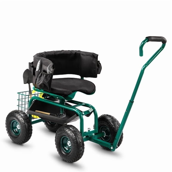 Angel Sar 35 in Cushioned Backrest Seat, 360 Degree Swivel Seat, Steering Handle, Tool Tray Steel Garden Stool, Green