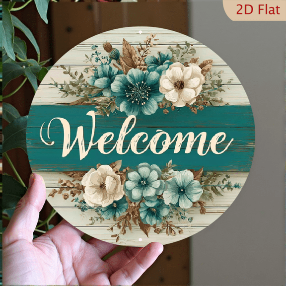 2D flat, 1 aluminum welcome sign, cyan floral pattern, vintage round wall decoration, suitable for home and office, 8x8 inches, home wall decoration, charming decoration, classic aesthetics.