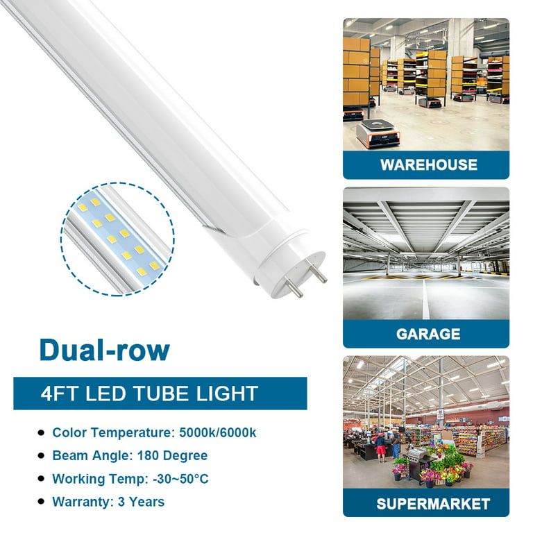 24-Pack T8 4FT LED Bulbs, Daylight 5000K 18W 2200LM, T8 T10 T12 LED  Fluorescent Tube Lights, Ballast Bypass Type B, Dual-end, 2 pin G13 Base,  Frosted Cover 