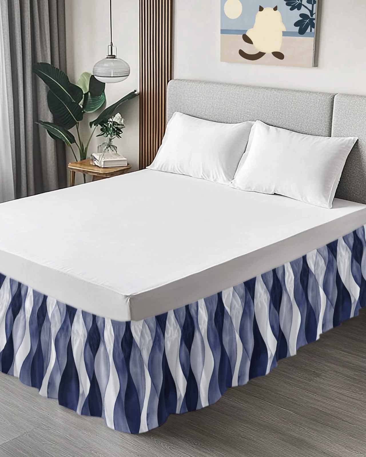 Navy Blue Wrap Around Bed Skirts for Queen Bed 18" Drop, Bed Skirt with Adjustable Elastic Belt Dust Ruffle Bed Valance for Bedroom Hotel Luxury Modern Moire Abstract Ripple Geometric Bed Frame Cover